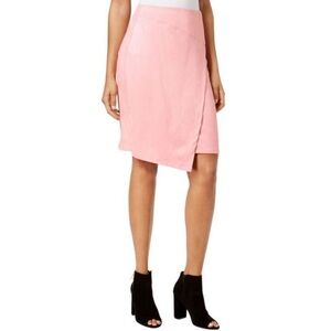 Kensie Faux Suede Wrap Skirt Pink Small Pencil Stretch Knee Length Asymmetrical